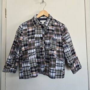 Tweeds Jacket Women's L Blue And Multicolor Plaid Cropped 1/2 Sleeve